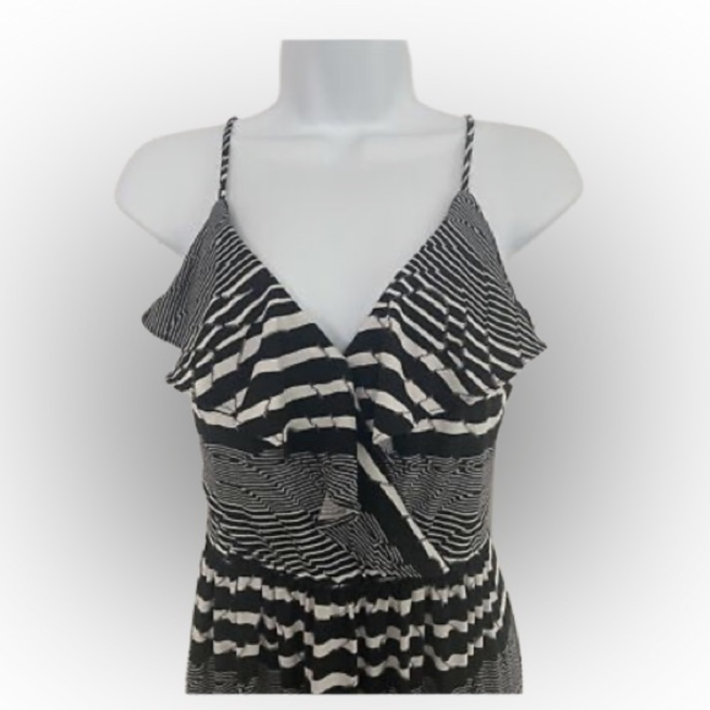 BETSY JOHNSON stretch graphic black white striped ruffle maxi dress. Size 4